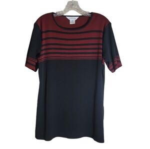 Misook stripe knit top black red scoop neck short sleeve tunic XL